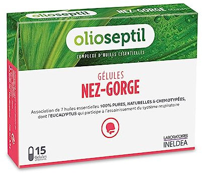 OLIOSEPTIL - Gélules Nez-Gorge - Complexe de 7 Huiles Essentielles Pures et Chémotypées - Assainit le Système Respiratoire & Apaise la Gorge - Dès 15 Ans - 15 Gélules
