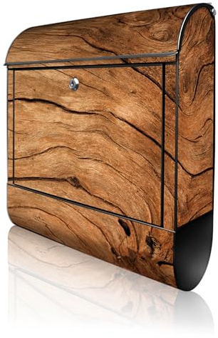 banjado Design Briefkasten 38,5x46,5x13cm & 2 Schlüssel - Briefkasten Stahl Schwarz mit Zeitungsfach pulverbeschichtet - Postkasten A4 Einwurf inkl. Montagematerial - Motiv Trockenes Holz