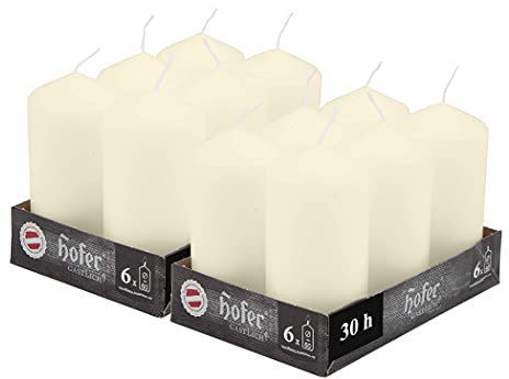 Hofer Stumpenkerzen - Elfenbein - 6 x 12 cm - Lange Brenndauer - 39 Stunden - Unparfümiert - Tropffreie - 12 Stück Kerzen