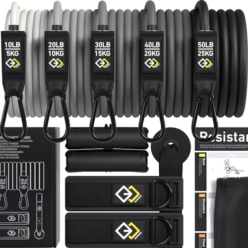 GJELEMENTS Elastici Fitness - Set di Fasce Elastiche di Resistenza Premium con Maniglie, Cinghie per Caviglia, Ancoraggio da Porta - Attrezzi Palestra per Esercizi, Sport, Allenamento, Pilates