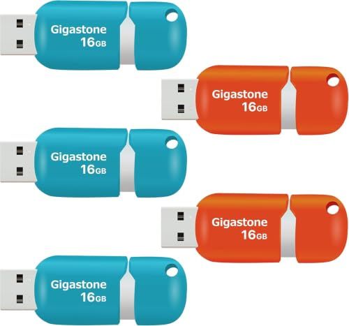 GIGASTONE 16Go Clé USB Flash (Lot de 5) V10 USB 2.0, Haute Vitesse, Design Coulissant sans Capuchon, Stockage et Sauvegarde pour PC/Mac/TV/Voiture - Orange/Bleu