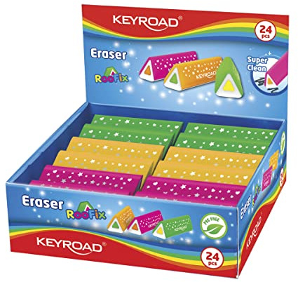 KeyRoad Roofix - Gomma universale per cancellare, 24 pezzi, triangolare/confezionata in display/colori misti/in gomma termoplastica di alta qualità, per bambini, piccola gomma divertente
