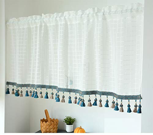 Yaland Voile Transparente vorhange mit Quaste Querbehang Wohnzimmer Gardinenschals Kariert Küche Vorhang Gardinen Schals Fensterschal Vorhänge (BxH 200X80, Weiß) 1 Stück