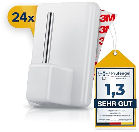 NEUFELD® 24 Gardinenhaken selbstklebend weiß [inkl. 3M Klebefläche] - Gardinenstangen Klebehaken ohne Bohren für Vorhänge & Scheibengardinen