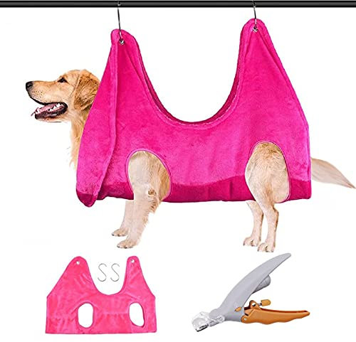 Hundepflege Hängematte,Mit Nagelknipsern,2 in 1 Haustier Badetuch Trockentuch,Katze Pflege Haustier Hängematten Helfer, Haustierpflege Hängematten Rückhaltebeutel Baden Waschen Zubehör,Rosa,L