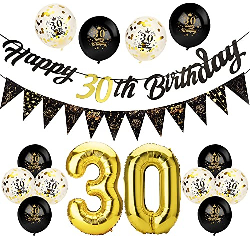 Afirbeone 30th Birthday Decorations,Timeless Black Gold matching | Triangle Pennant Banner, Confetti Latex Balloons and Aluminium Foil 30th Balloons,for Men Women,Easy To Assemble