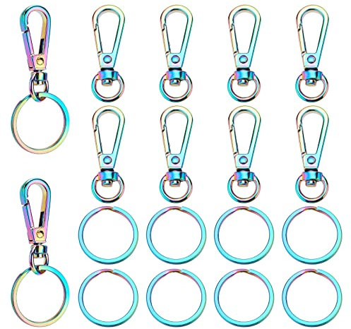 PandaHall 20pcs Rainbow Drehverschlüsse Set 10pcs Metall 1.5 Trigger Karabinerhaken Lanyard Schlüsselbund Haken Mit 10pcs 25mm / 0.98 Edelstahl Flach Schlüsselanhänger Für Geldbörse Riemen