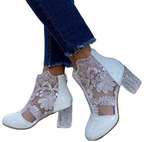 Minetom Femme Bottes Courtes Escarpins Plateforme Talons Hauts Bloc Dentelle Soirée Parties Chaussure Respirant Bottines