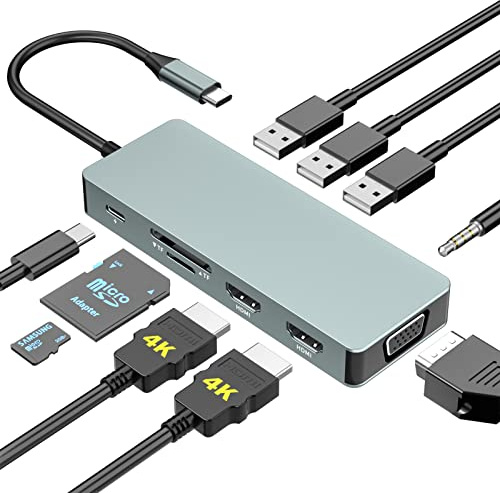 USB C Hub, estación de Acoplamiento para computadora portátil 10 en 1, concentrador Tipo C de Triple Pantalla con 2 HDMI, VGA, PD de 100 W, USB 3.0, Audio, SD/TF para MacBook Air, Pro, DELL, HP, XPS