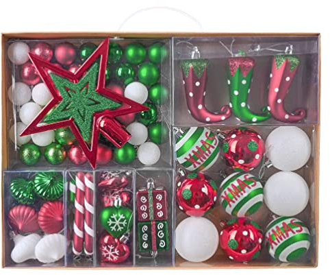 Victor's Workshop Weihnachtskugeln 70 TLG. Kunststoff Christbaumkugeln Weihnachtsdeko Set Plastik Christbaumschmuck für Weihnachtsbaum Dekoration Party Hausdeko Elfen Thema Rot Grün Weiß