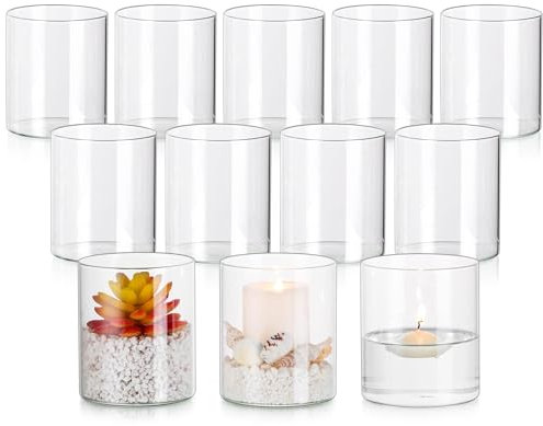 Glasseam Kerzenständer Stumpenkerzen Schwimmkerzen Dekoration, Zylinder Durchsichtig 12er Kerzenhalter Glas für Taufkerze Votivkerzen, Glaszylinder für Kerzen Deko Vase Klein Kommunion Tischdeko