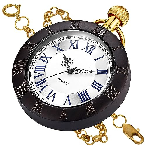 Tiong Vintage Holz Quarz Taschenuhr Handgemachte Bambus Holz Antik Taschenuhren mit Kette Herren Anhänger & Geschenkbox, Wq012-dark brown, Klassisch