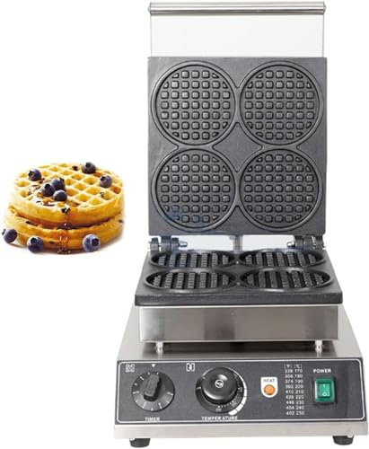 Gofrera de hierro con forma redonda for uso doméstico comercial, máquina for hacer gofres de relleno profundo de cuatro rebanadas, placas antiadherentes, temporizador y control de temperatura, acero i