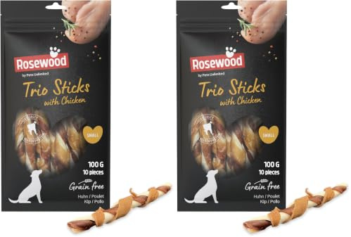 Rosewood Trio Sticks Poulet Petit – Bâtonnets à mâcher fermes pour Petit Chien, Poulet et Peau de bœuf, favorisent Les Soins dentaires, sans céréales ni Gluten, sans additifs artificiels, 100 g