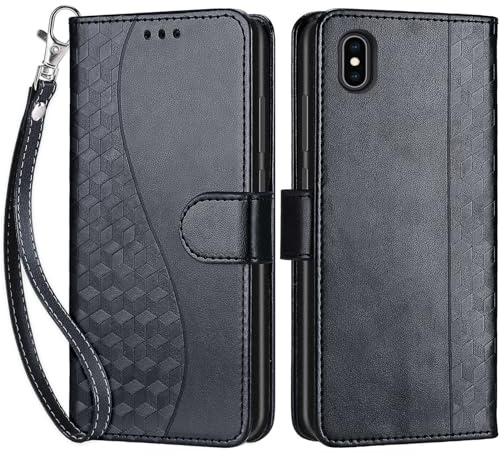 SIENIANLINE Handyhülle für iPhone X/iPhone XS Hülle, Premium PU Leder Flipcase Schutzhülle Klapphülle mit Kartenschlitz und Faltbare Brieftasche Hülle für iPhone X/iPhone XS - Schwarz