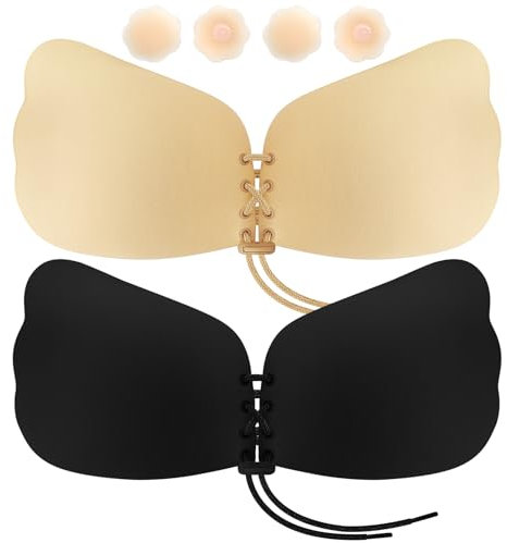Obidodi 2 Pack Push up Bra Backless Bras for Women, Stick on Bra with 4 Nipple Pads and Drawstring, Reusable Breathable Strapless Bras Invisible Adhesive Bra for Party, Beach, Wedding (Beige&Black, C)