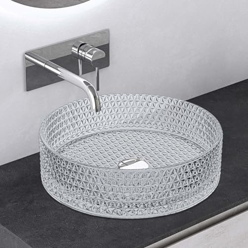 Mai & Mai Lavabo da Appoggio 39x39x12cm, Lavandino Bagno in Vetro Temperato Rotondo Minerva07, Trasparente