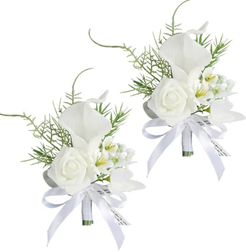 CCUUHJ Rosen-Ansteckblume Calla-Lilie, 2er-Set für Herren, für Hochzeit, Bräutigam, Trauzeugen, weiße künstliche Blumen, Ansteckblume für Hochzeitszeremonie, Jahrestag, formelle Dinner-Party, Weiß - 2