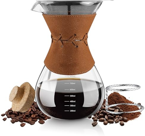 BOILMERIT Kaffeebereiter mit Filter aus Edelstahl, 800ml Kaffeekanne für 5-6 Tassen Glas Pour Over Kaffeebrüher mit Filter Kaffee-Tropfer Brauer Kaffee