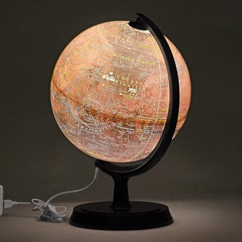 Mapsoft Explorer - Globo rojo iluminado de Marte, 24 cm, RI-24, mapa de Marte, Atlas de Marte, póster de Marte, planeta rojo