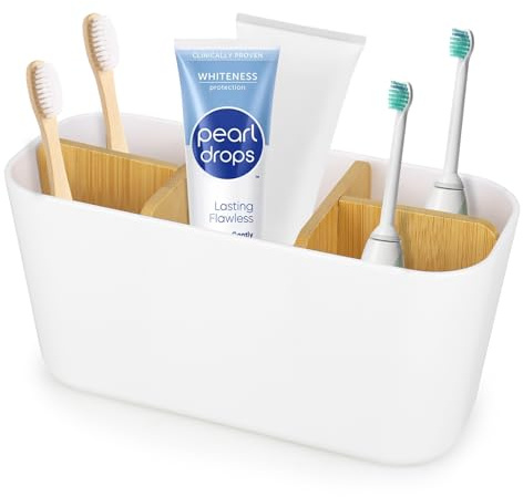Trendecor Zahnbürstenhalter Bambus Trennwände Toothbrush Holder, Abnehmbar Badezimmer Organizer mit 4 Zahnbürstenfächer + 1 Zahnpastafach für Büro Wohnzimmer Bad Waschbecken Arbeitsplatte