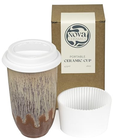 NOVA CERAMICS Travel Coffee Cup– Travel Coffee Tumbler – On the Go Coffee Mug – Microwave & Dishwasher Safe Green Coffee Tumbler - Gifts for Women Men Him Her – 475ml – Jupiter