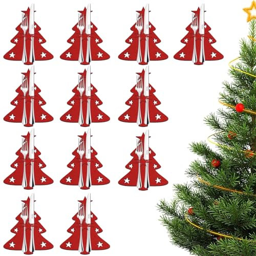 12 Stück Bestecktasche Weihnachten, Besteckhalter Weihnachten Filz, Bestecktasche Filz Weihnachten, Weihnachten Bestecktasche, Besteckhalter Weihnachten Filz,Bestecktasche Tannenbaum für Tischdeko We