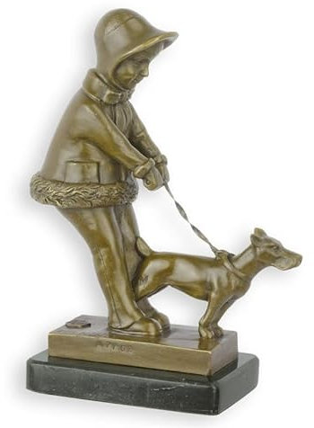 Art Deco Bronze Skulptur - Kind mit Hund auf Marmorsockel - 21 cm Höhe 1,6 kg - Hochwertige Tierfigur als stilvolle Dekoration für Zuhause und Büro