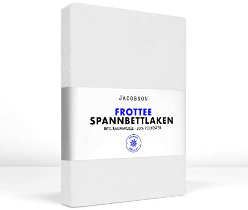 Jacobson Premium FROTTEE Spannbettlaken Spannbetttuch Bettlaken Baumwolle ca. 200g/m² (140-160x220cm + 40cm, Weiss)