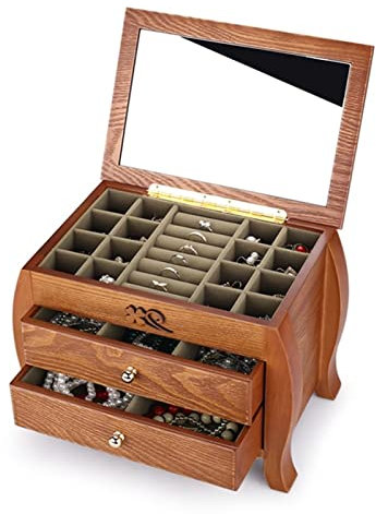 Gardeneea Schmuckkoffer, Holz, Schmuckschatulle, Halskette, Schmuck-Organizer mit 2 Schubladen und Spiegeln, Vintage, Antik, groß, Dunkelbraun