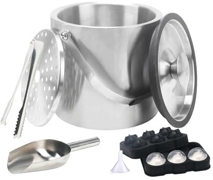 Minnhua 4L Eiswürfelbehälter mit Deckel Sektkühler Flaschenkühler Champagner Kühler Doppelwandiger Eiskübel aus Edelstahl mit Deckel Sieb Eisschaufel Eiswürfel und Eiszange für Partys Bier