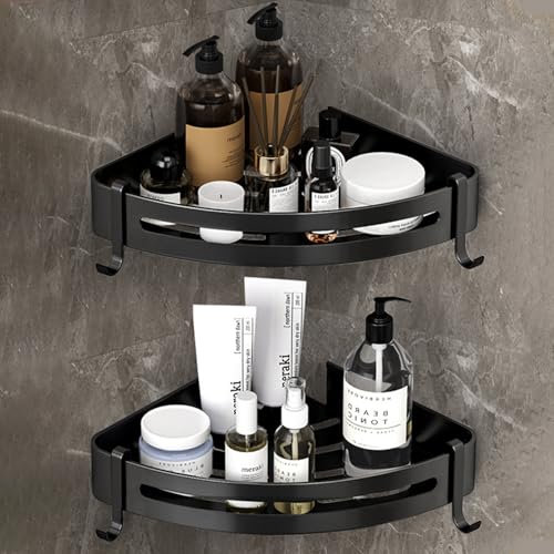 RCQD® Duschablage Ohne Bohren, Badezimmer Regal mit Haken und Seifenständer,Duschregal Ecke für Badezimmer und Küche,badregal Mit 7 Klebstoff, 3 Stücke (Mattschwarz) (Schwarz)