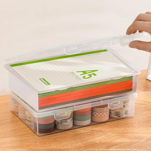 Nuyoah Aufbewahrungsbox mit Deckel A5 Kunststoffbox Klein 2Stk Plastikbox mit Deckel Stiftebox Tragbare Archivbox mit Snap-Dicht Stapelbare für Papier Schreibwaren Kosmetika Werkzeugteile
