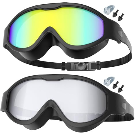 Yomisee Swimming Goggles 2 Pack, Swim Goggles with Nose Clip & Earplugs Anti Fog, No Leaking, Clear Wide Vision for Adult Women Men (Blue+Silver)