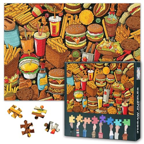 Jigsaw Puzzles 1000 Pieces for Adults Hamburger French Fries and Pizza 1000 Piece Puzzle for Adults Fun Jigsaw Puzzles Challenge Impossible Puzzle Kit - 28 x 20