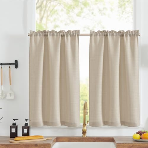 TOPICK Kitchen Curtain 2 Pieces 90 x 115 cm Beige Short with Rod Pocket Small Curtain Under Sink Light Filtering Modern Interior Decoration for Living Room, Cupboard, Small Window, Door