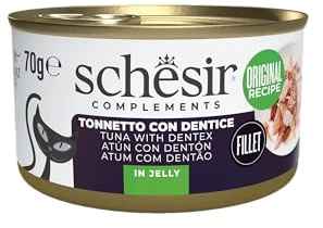 Schesir, Filetes de Atún con Merluza en Gelatina, Comida Húmeda Complementaria para Gatos, en Latas, Receta Original, 100% Natural, 12 x 70g