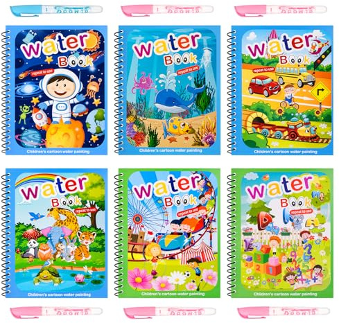 MINISOISO Magisches Wasser Malbuch, 6 Stück Magisches Doodle Malbuch mit Wasserstifte, Wiederverwendbares Magisches Malbücher Water Colouring Book,Wassermalbuch Kinder für 2 3 4 5 6 Jahre Alte, C