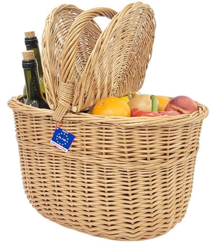 Weidenkorb für Einkäufe mit 2 Klappdeckeln und stabilem Tragegriff – Leicht und geräumig XL 42x37x26 cm – Picknickkorb mit Verschlussklappen aus robuster Weide – Hellbraun