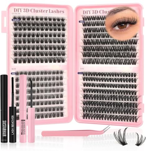 Sixstarhair Cluster Wimpern Set mit Wimpernkleber & Entferner, Tweezers | 448Pcs Lashes Extension Set , 4 Styles, D Curl Wimpern Extensions Set, Natürlic & Wiederverwendbar, DIY zu Hause