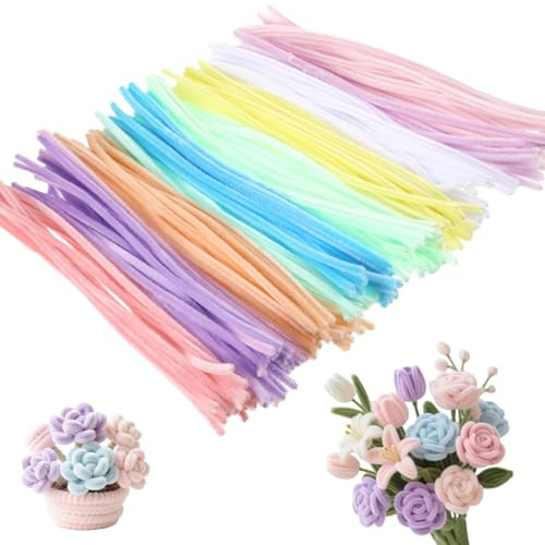 200 Stück Pfeifenputzer zum Basteln Blumen, 30cm Pfeifenreiniger zum Basteln Blumen Set bastelsachen Pipe Cleaner Flower Set Chenilledraht Bastelmaterial Bastelzubehör Rose Grün Macaron-Farbe für Deko