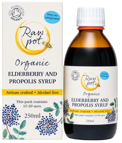 RAW POT Organic Elderberry & Propolis Syrup - Immune Support, 250ml | 100% pure raw bee propolis extract, raw honey & elderberry, kids & adults, alcohol-free, up to 30 servings