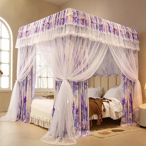 LUOZIQINX Prinzessin Moskitonetz, Luxuriöse Betthimmel aus Mesh & Stoff, Doppelschichtiges Baldachin für Mädchen Schlafzimmer,Lila,120x200x200cm