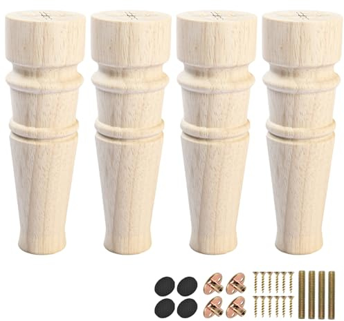 La Vane 5.5 inch / 13cm Wooden Furniture Legs, Set of 4 Solid Wood Carved Geometry Unfinished Replacement Bun Feet with Mounting Plate & Screws for Sofa Cabinet Couch Table TV Stand