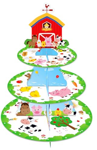 MORAINJAY Soporte para Cupcakes de 3 Niveles con Animales de Granja, Torre de Cartón para Tartas, Expositor Redondo para Postres Temática Infantil, Decoración de Mesa para Fiesta de Cumpleaños