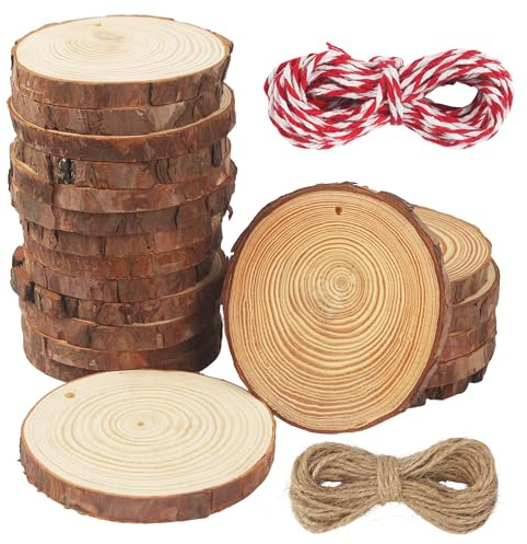 Dischi Legno Grezzo 9-10cm,20 Pezzi Dischetti Legno con fori,Fette di legno naturale con 2 fili di cotone,Legno Da Decorare non finiti,artigianato,matrimoni,decorazioni natalizie