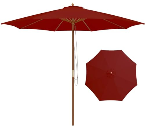GOPLUS 3M Parasol de Jardin Exterieur, Parasol de Balcon à Corde avec 8 Baleines en Bambou, Levage par Poulie, Protection Solaire, pour Piscine, Cour, Base Non Incluse (Rouge)