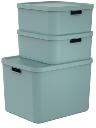 Rotho Albula Aufbewahrungsbox mit Deckel 3er-Set 2 x 20 L 1 x 55 L Grün | Aufbewahrungsboxen, sicher verschließbar, modular stapelbar, offene ergonomische Griffe, 100 % recycelter Kunststoff