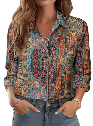 Zeagoo Chemise Femme Fleurs Longue Élégant Manches Col Montant Fleur Haut | Boutonnée| Business Basique | Sans Repassage