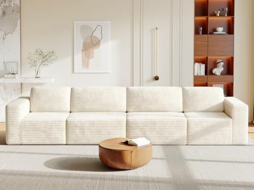 Modulares Cord-Ecksofa in Beige, 404 cm großes 4-Sitzer Sofa mit Federkern, extra tiefer Sitzfläche und beweglichen Modulen, flexibles Design für große Wohnzimmer, keine Montage erforderlich